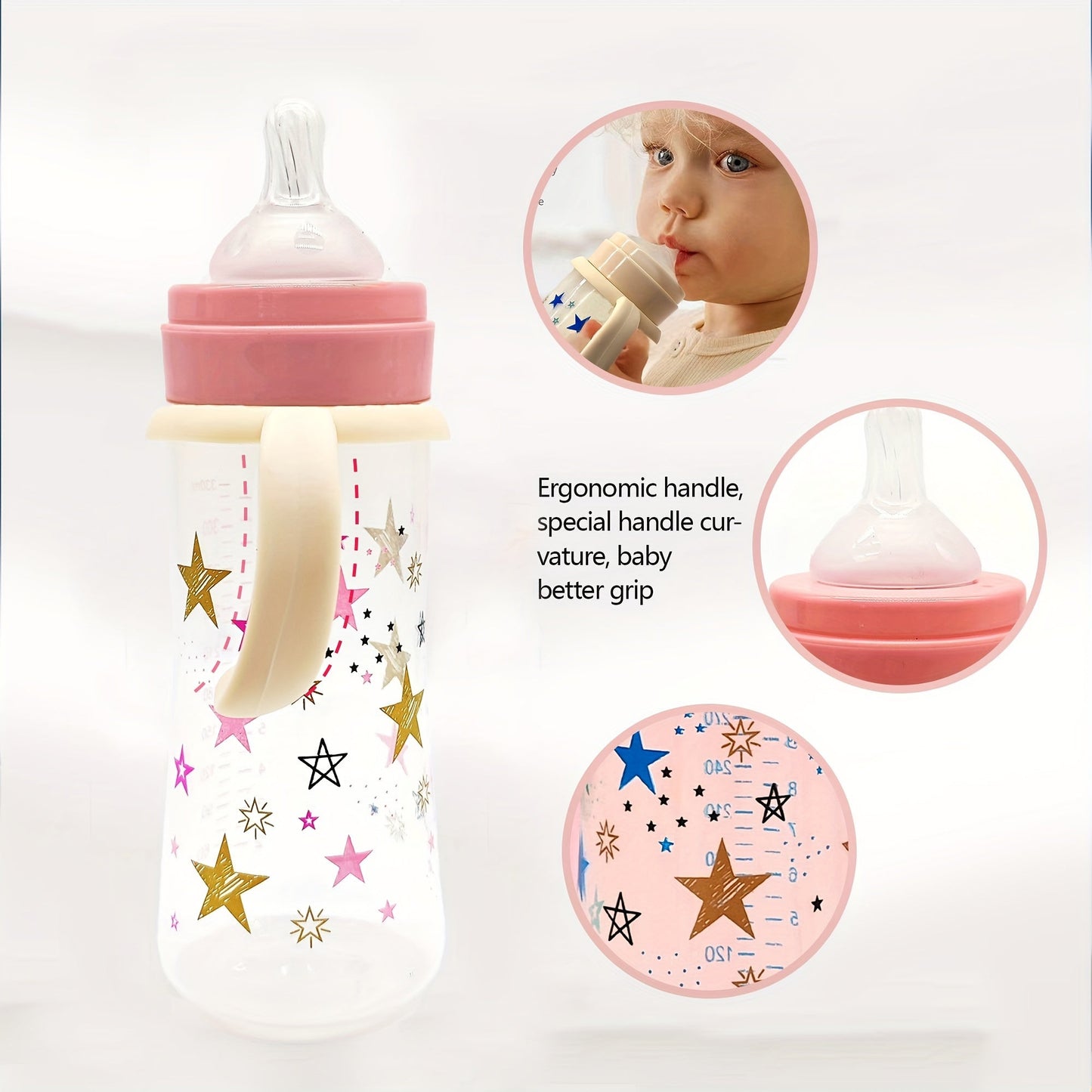 330ml Large Capacity Bottle with Wide Diameter, Handles, and Fall Resistant PP Material. Featuring a Cartoon Star Pattern, this is a Feeding Bottle ideal for Babies.