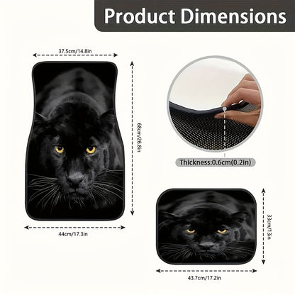 Black Panther car floor mats set of 4, durable non-slip design with front and rear waterproof protection. Stylish all-weather mats made of polyester material, universal fit.