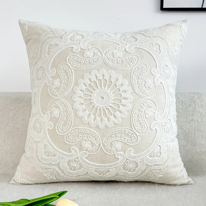 Elegant floral embroidered round throw pillow cover in traditional style. Machine washable with zip closure. Perfect for room decor. Pillow insert not included.