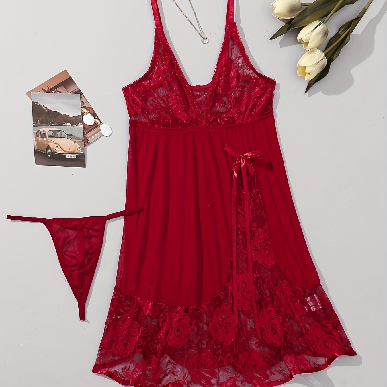 Red lace and mesh slip dress with thong set - featuring V-neck with bow detail, semi-sheer polyester blend, hand washable lingerie.