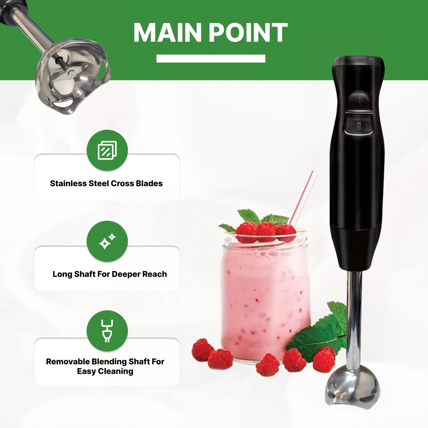 Electric immersion hand blender with food-grade stainless steel, 2-speed control. Includes mixer, chopper, and ice crushing capabilities. Easy to clean with removable blending stick. Ideal