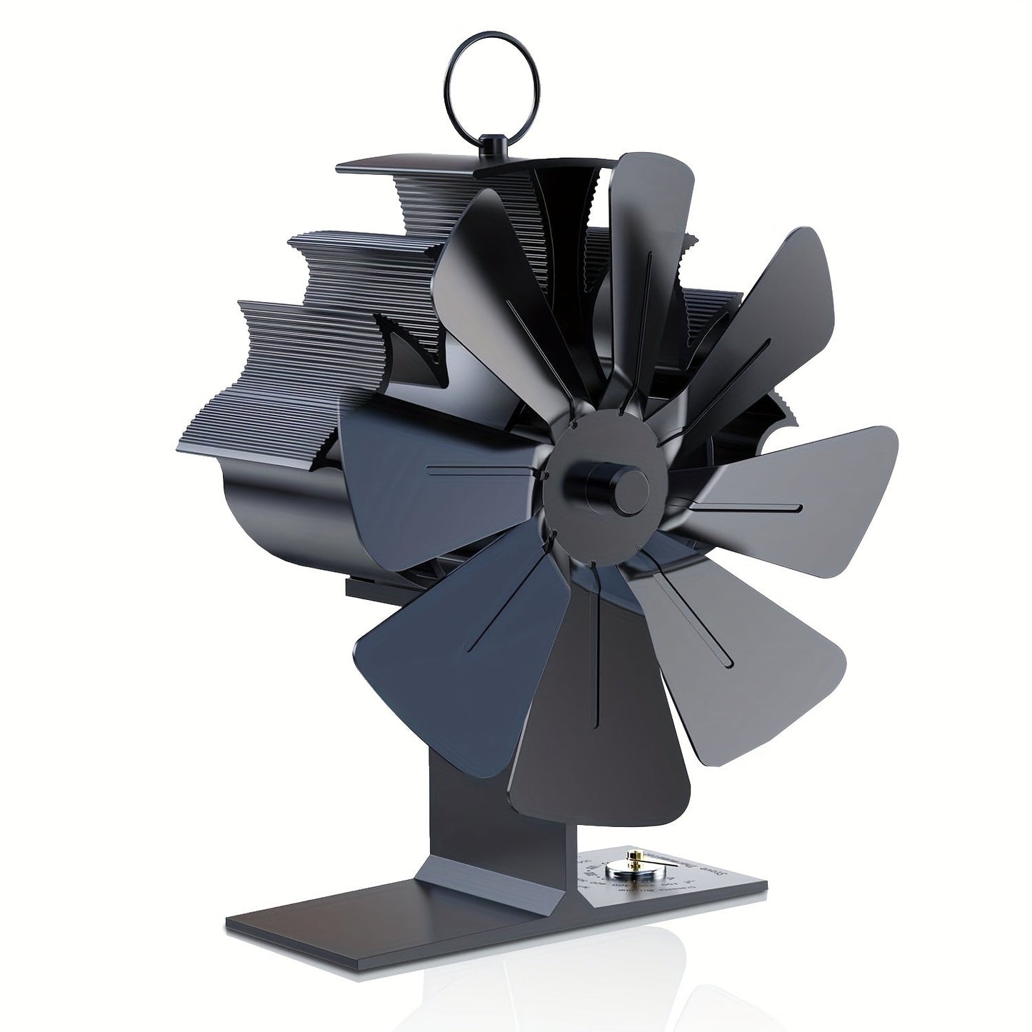 One piece 8-blade fireplace fan featuring a built-in thermometer, designed for wood-burning stove fireplaces with top temperature control. This fan is capable of circulating warm/hot air but is not suitable for soapstone stoves or pellet stoves. A handy