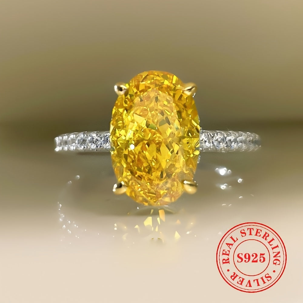 Sleek and stylish S925 sterling silver ring featuring a stunning large yellow oval-cut cubic zirconia stone. This AAA grade zirconia engagement ring is perfect for women and is gift-ready for special occasions such as banquets and Thanksgiving. Versatile