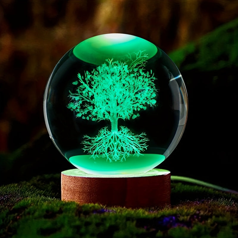 1 Tree of Life crystal ball night light, engraved with 3D glass plant design, perfect for gifts and home decor.