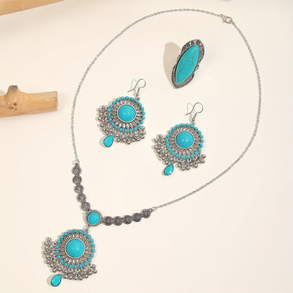 1 Boho style jewelry set featuring a pair of earrings, a necklace, and a ring. Inlaid with natural turquoise, this set is the perfect gift to complement any daily outfit.