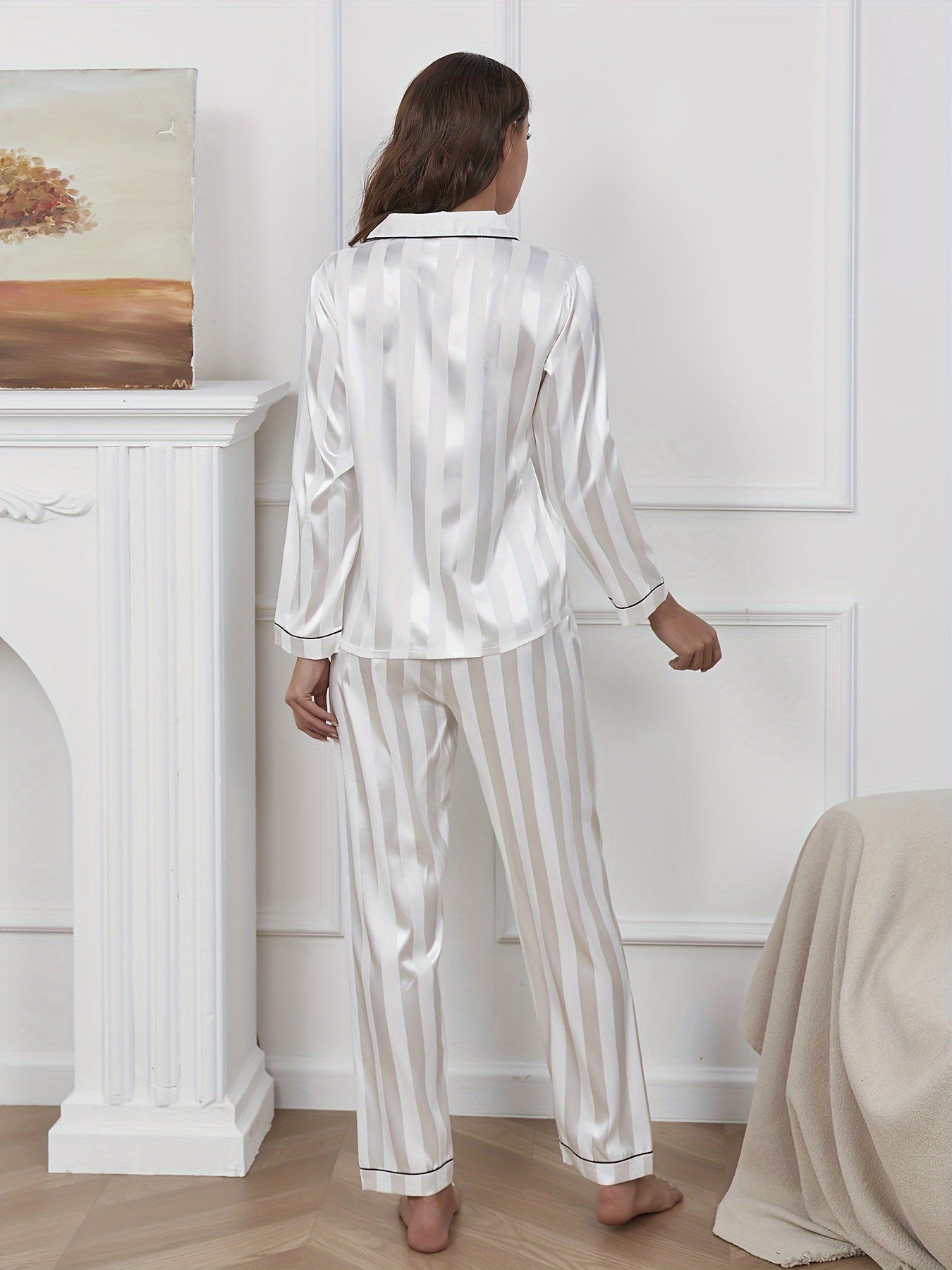 Women's satin pajama set with jacquard stripes, includes button-up top and elastic pants, machine washable, large striped design.