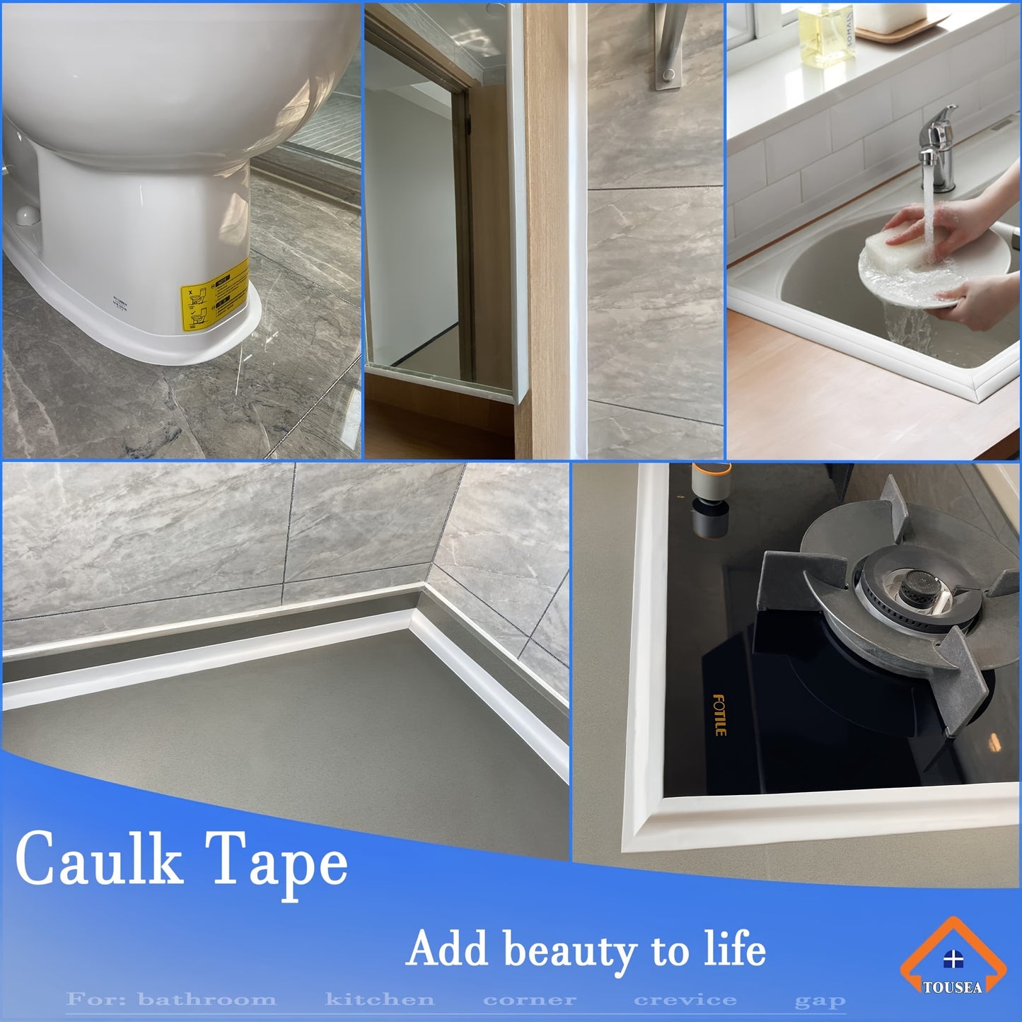 Waterproof white caulk tape for bath & kitchen - self-adhesive PVC sealant strip, ideal for bathtubs, toilets & countertops, creates durable water barrier.