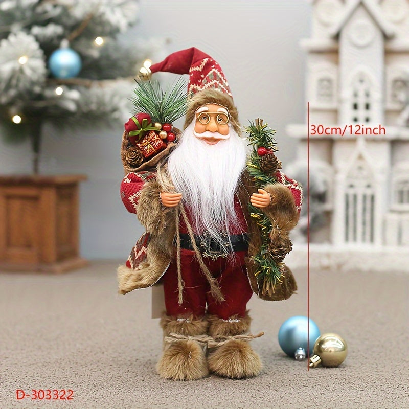 Santa Claus figure decoration with 12-inch height, wearing long fluffy snow boots, perfect for holiday and New Year's decor in homes or businesses.