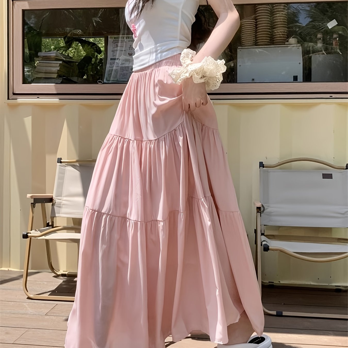 Women's elegant tiered A-line long skirt made of 100% polyester with lining, elastic high-waist, flared hem, loose fit, suitable for spring/summer/fall fashion.