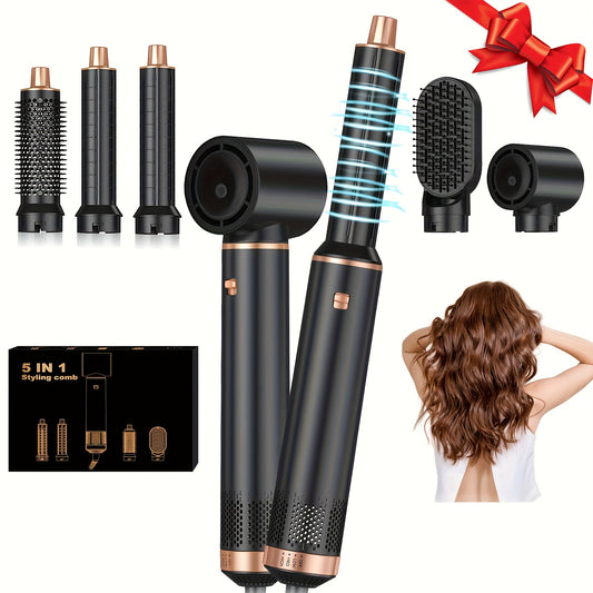 Multifunctional hot air styling tool with curling wand, round brush, hair straightener, and dryer brush for volumizing and drying all hair lengths.