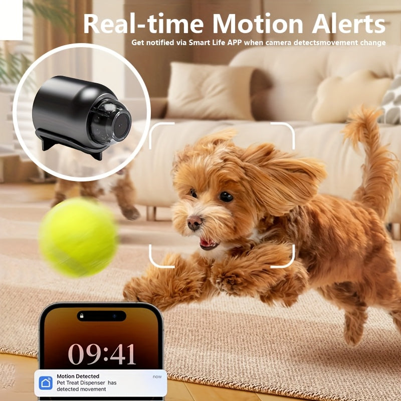 Compact WiFi mini camera with magnetic mount for easy installation. USB powered with wireless real-time video monitoring through app. Features motion detection for pet and home security.