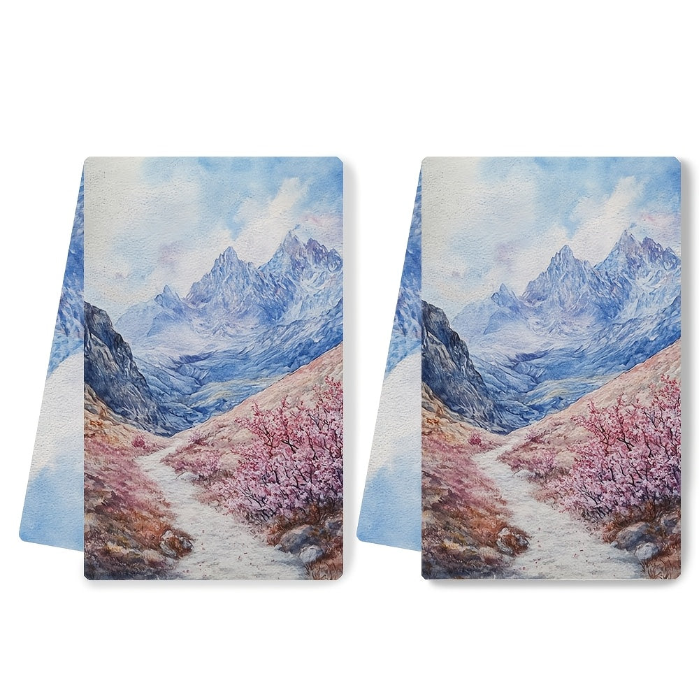 2 pieces of Ultra Soft Kitchen Towels, Featuring the Enchanting Beauty of a Blooming Mountain Pass, Highly Absorbent Dish Hand Towels for Holiday Decor, Machine Washable, Size 16x24 Inches - Model Number 2KYSYS1218410