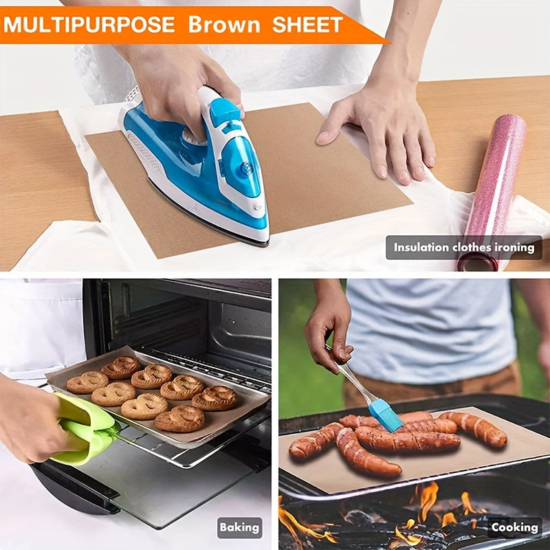 This set includes three PTFE sheets that are resistant to high temperatures and non-stick, perfect for use as reusable ironing and heat transfer mats. They are also ideal for cooking, grilling, and BBQs, made from durable plastic material.