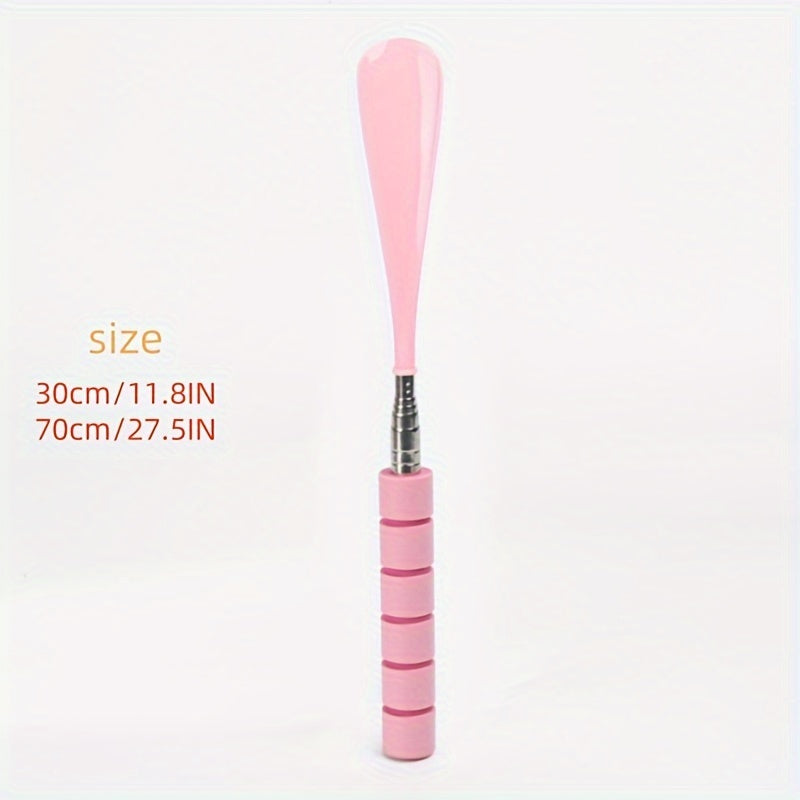 Telescopic stainless steel shoe horn with non-slip grip and adjustable length for easy footwear assistance on the go.