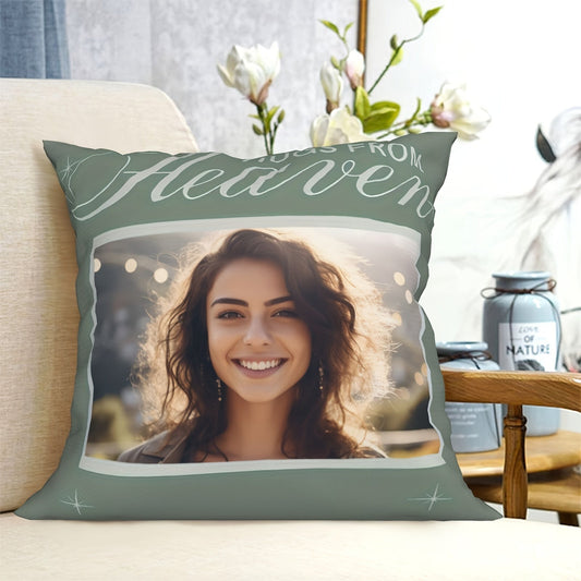 Customize your own photo pillowcase with "HUGS From Heaven" design - a special souvenir for your family, siblings, friends, and loved ones. Pillow core not included. Measures 45.72x45.72 cm with soft fabric and invisible zipper closure.