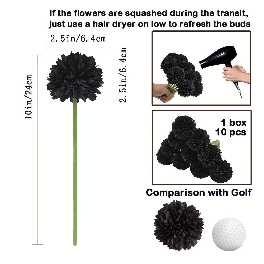 10 artificial chrysanthemum ball flowers for wedding bouquets, home decor, or party table centerpieces.