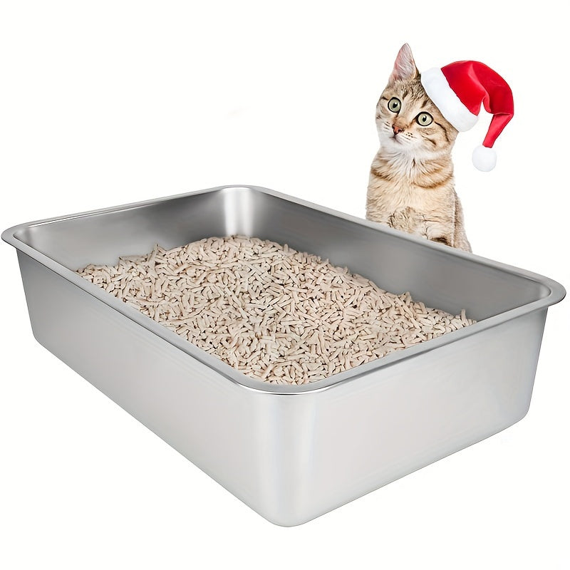 Stainless steel cat litter box with low side entry for cats & rabbits, odor-resistant and easy to clean.