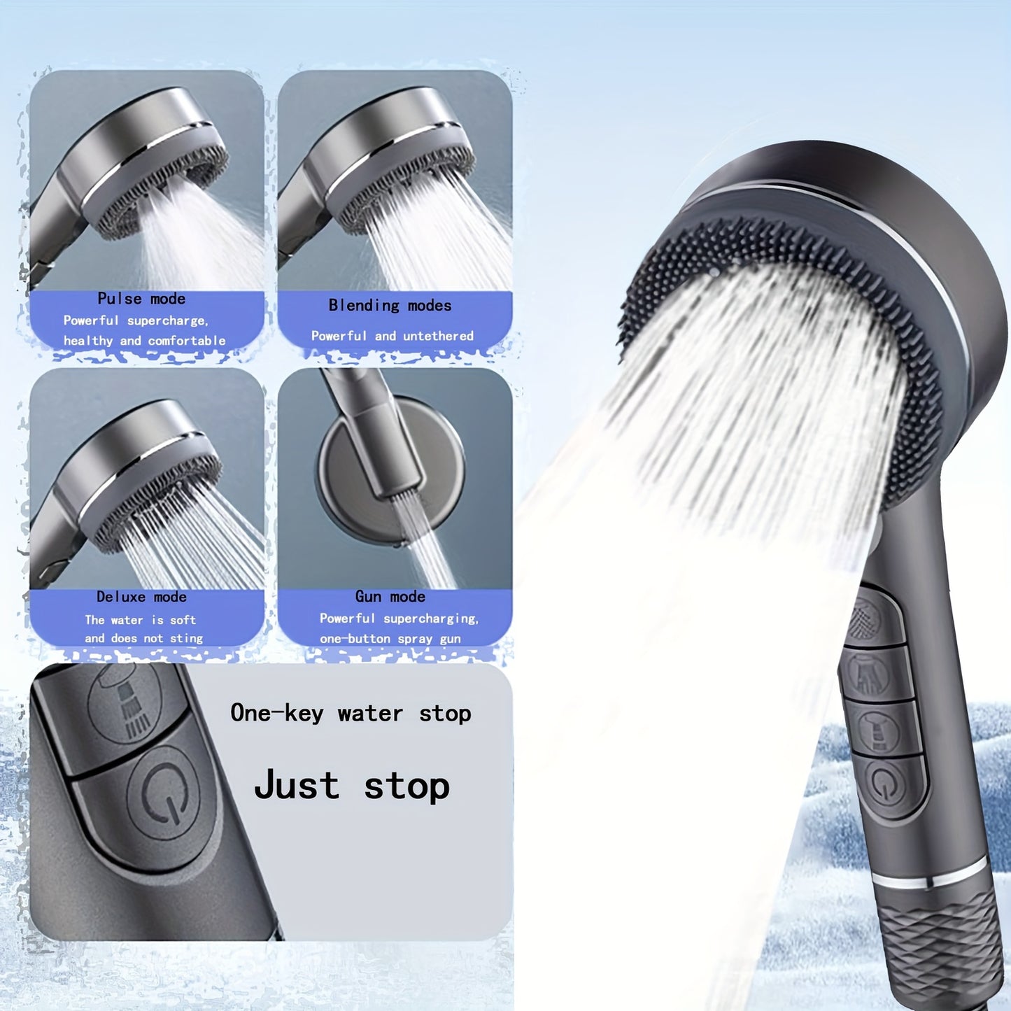 High-pressure handheld shower head with 5 modes, includes stainless steel hose and adjustable bracket, no batteries required.