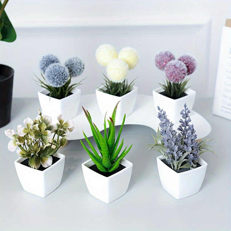 1 set of 6 simulated plants in a Nordic style for indoor decoration. Includes ball, aloe vera, begonia, lavender, artificial succulent bonsai. Perfect for office desktop ornament.