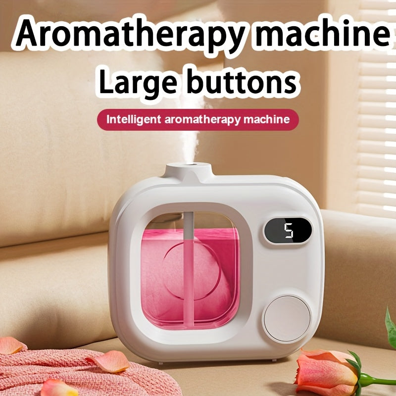 Smart aroma diffuser with Shangri-La essential oil, rechargeable battery, dual power options, 5 modes, tactile buttons, long-lasting fragrance for home or bathroom.