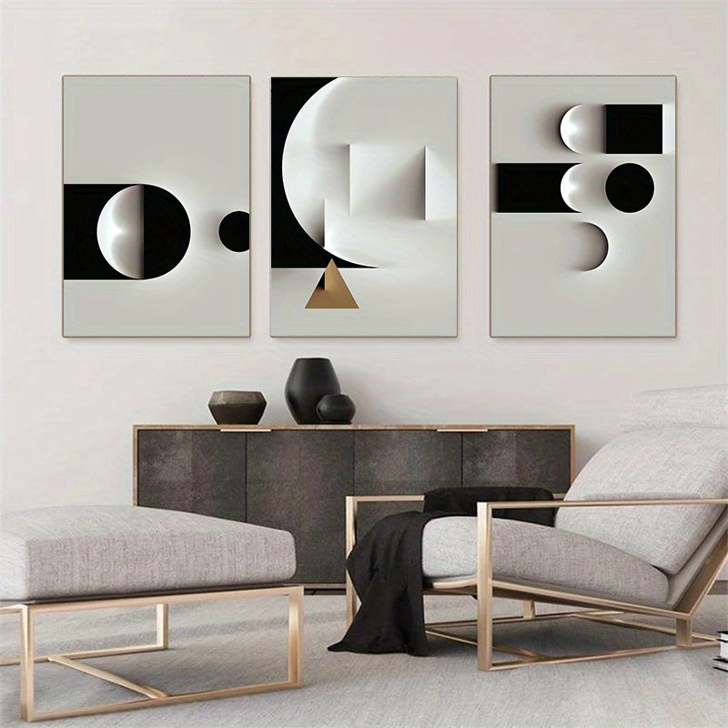 3 geometric canvas paintings in black and white, modern Nordic style, for living room home decor (no frame included)