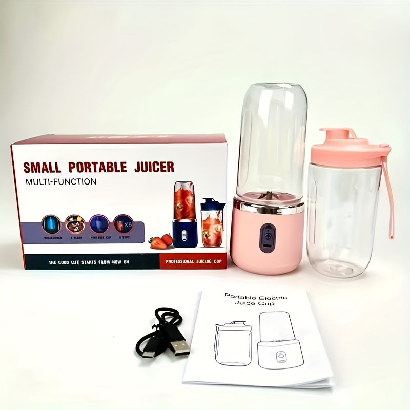 Small portable juicer with dual cups, rechargeable via USB. Versatile personal blender for fresh juice, smoothies, and milkshakes. Perfect for use at home, the office, or while traveling. Features a 1L capacity, lithium battery, and made of plastic