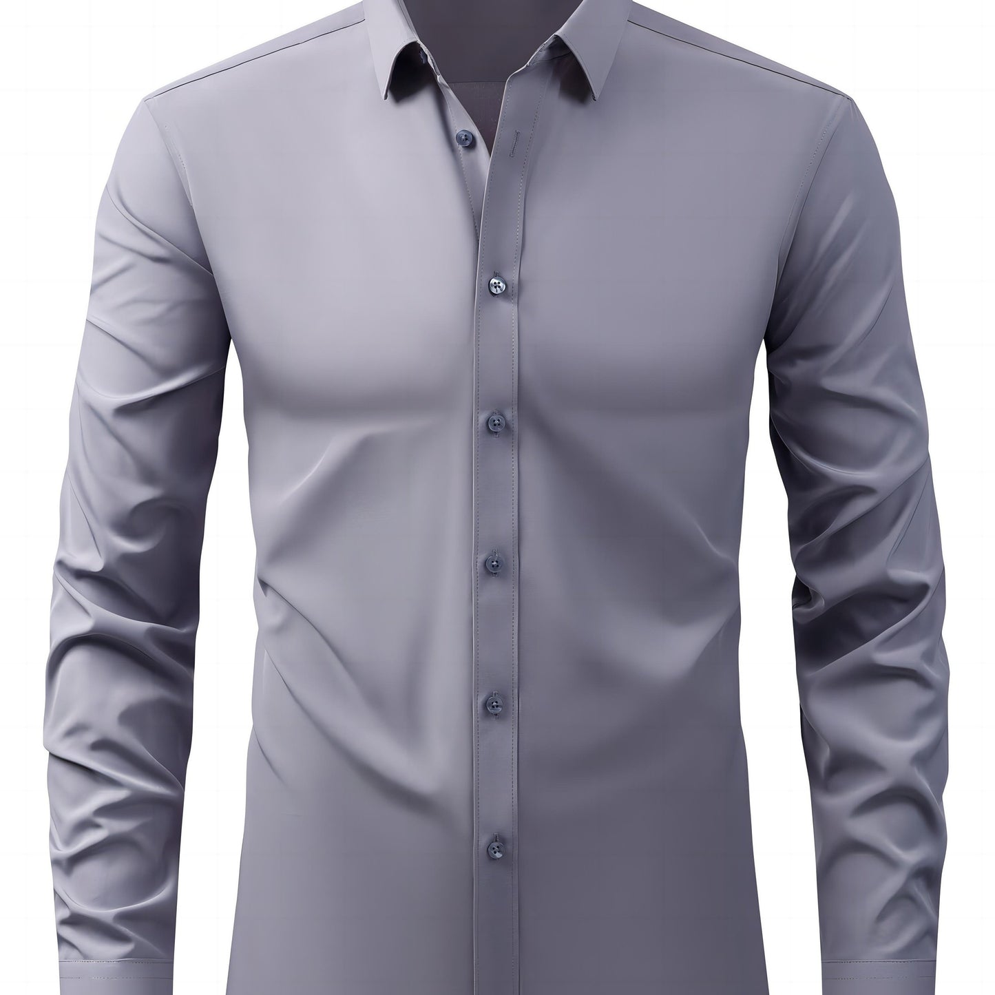 Men's solid black long sleeve shirt with lapel collar, made of 100% polyester with a slight stretch, 120gsm woven fabric, regular fit for all-season casual business wear, no chest pad