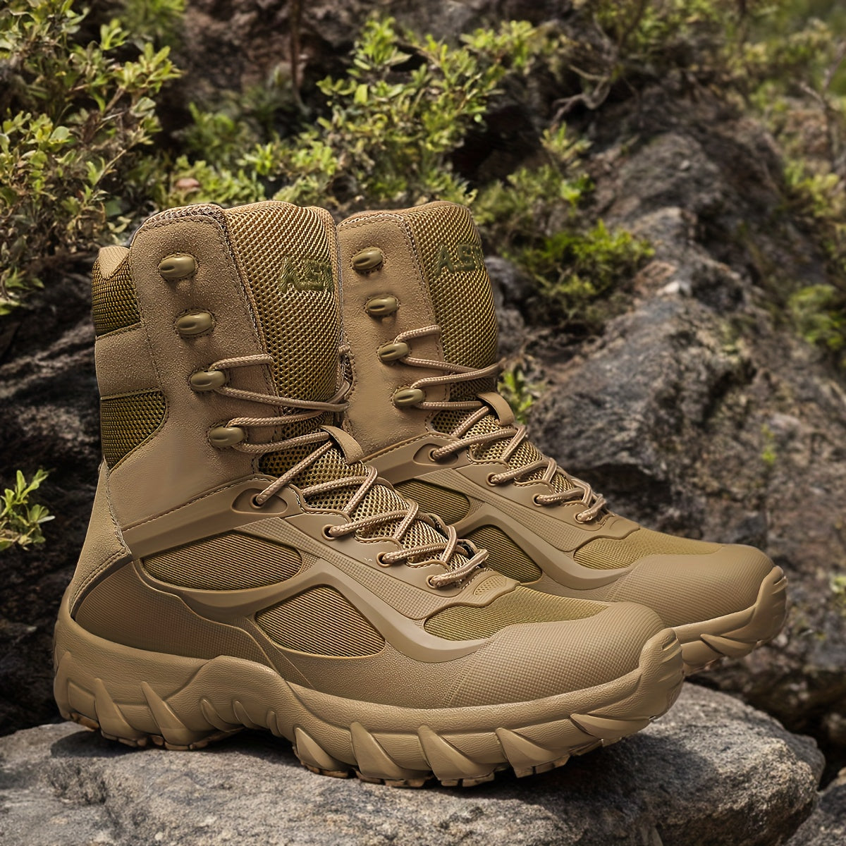 Men's tactical hiking boots with faux upper, PVC sole, fabric inner, zipper and lace closure. Short boot design with round toe, breathable and lightweight for outdoor adventures and daily