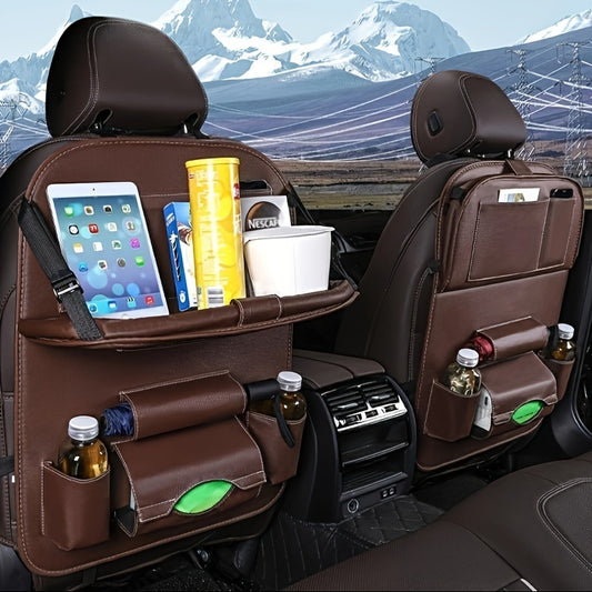 Deluxe car backseat organizer with foldable table tray, footrest, cup holders, and accessory pockets made of premium PU leather.