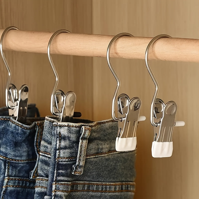 Set of 10 Sturdy Stainless Steel Clothespins - Multi-functional Organizer Hooks for Laundry & Closets, Portable Clips for Hanging Jeans and More, Must-Have Home Essentials, Laundry Room and Closet Accessories