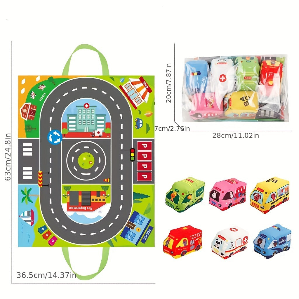 Cloth car toy for toddlers with storage bag, featuring sound paper and transportation-themed design.