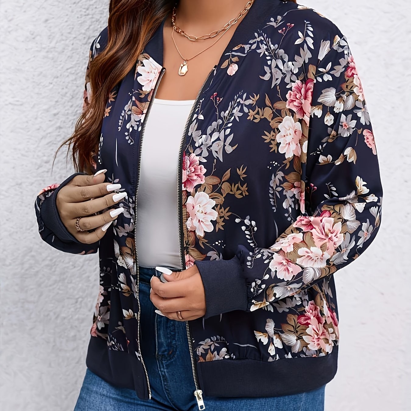 Floral Full Zipper Jacket for Fall & Winter, Plus Size Women's Clothing