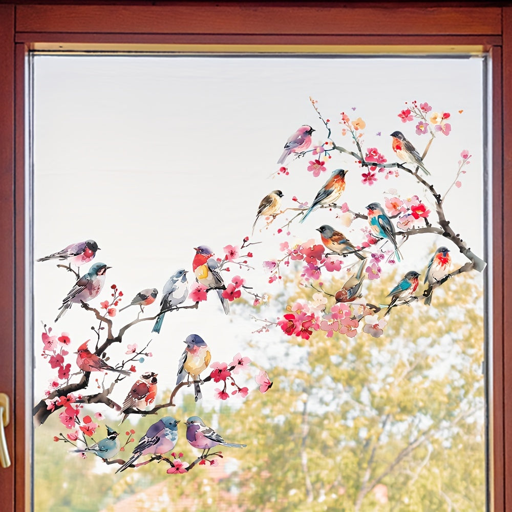 Decorate your home with Watercolor Tree Branches featuring Birds and Flowers - Removable Glass Window Sticker - Measures 59cm x 23.23 inches