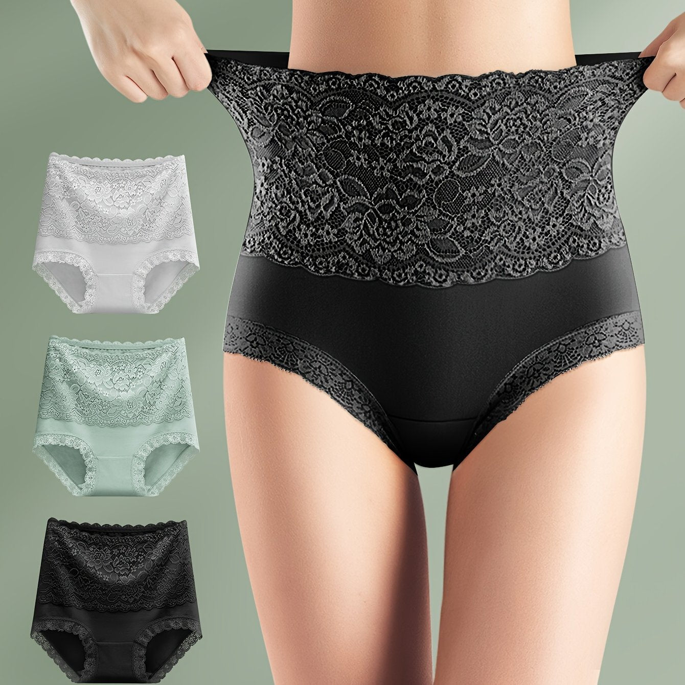 Set of 3 elegant high-waisted tummy control shapewear panties with lace detail for women