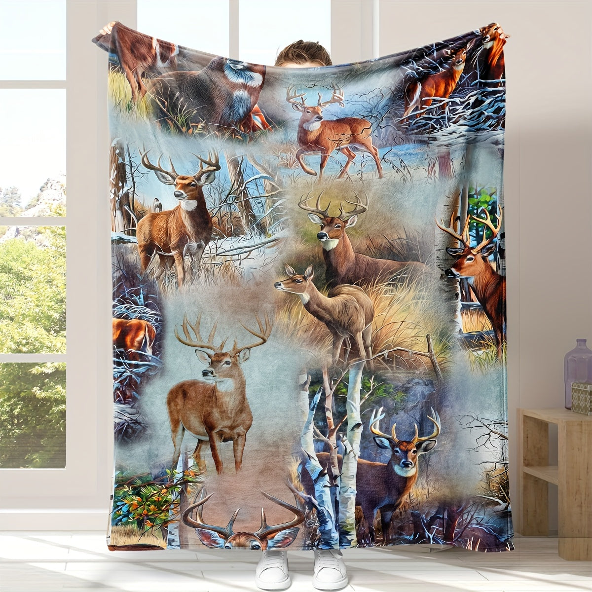 Soft and plush flannel throw blanket featuring a cozy deer-themed design. Perfect for snuggling up on the couch, bed, office, or while traveling. A versatile all-season gift suitable for boys, girls, and adults.