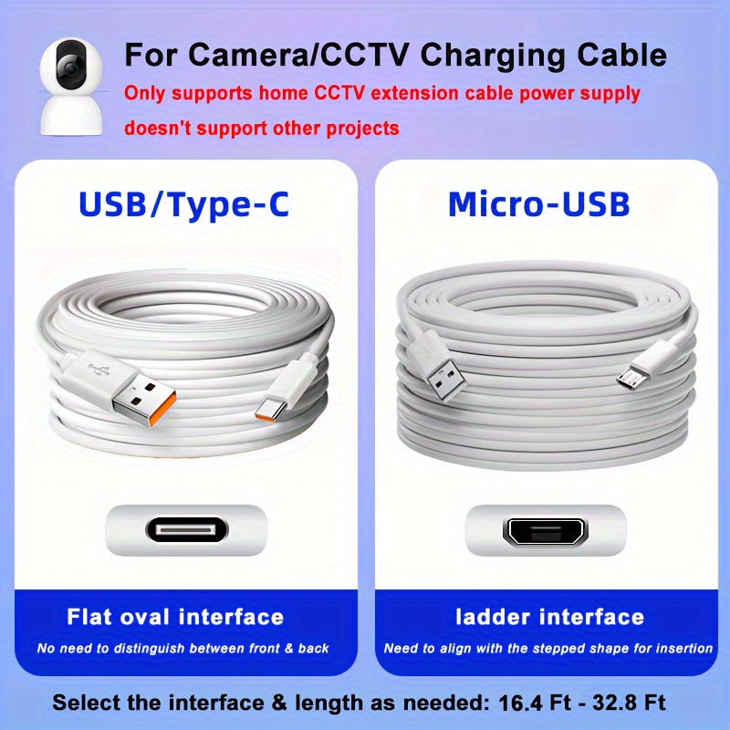 5-10m Security Camera Power Cable, White, Ideal for Outdoor Surveillance, No Battery Needed