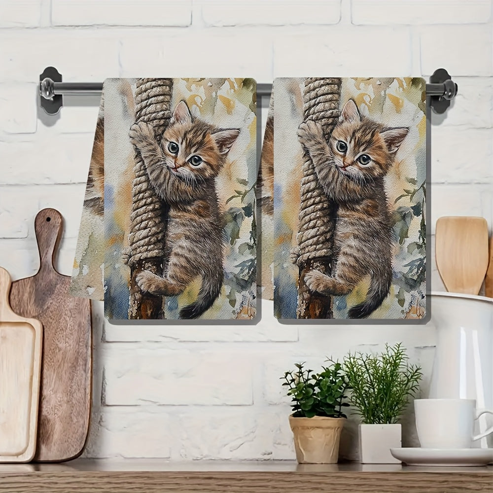 Set of 2 Ultra Soft Kitchen Towels featuring a Cute Kitten Climbing Rope Design, Extremely Absorbent and Easy to Clean Dish Hand Towels, Modern Coastal Style, 40.64x60.96 cm - Ideal for Home Decor and Kitchen Use