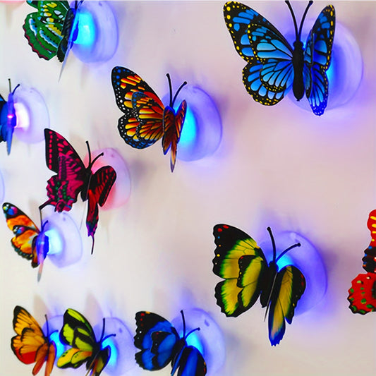 8pcs 3D Luminous Double-layer Wings Butterfly with adhesive backing, perfect for home décor or as a gift for birthdays, weddings, or holidays. Random style and color.