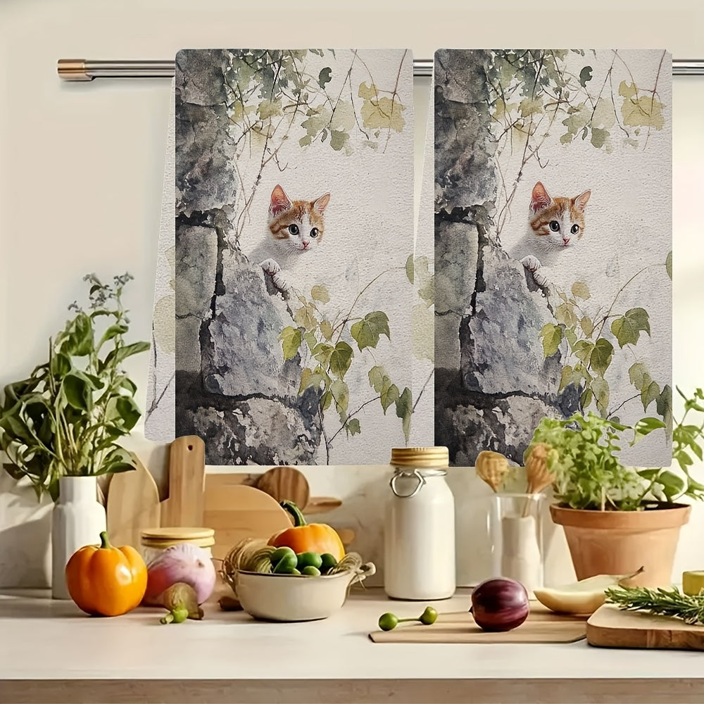 Set of 2 Ultra Soft Kitchen Towels featuring a Curious Kitten in a New Environment Design, Highly Absorbent Dish Hand Towels for Holiday Decor, Machine Washable, 16x24 Inch - Item number 2KYSYS1218439