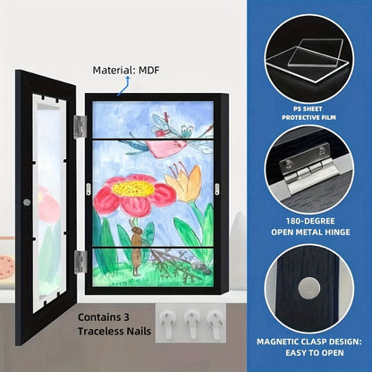 Cartoon-themed magnetic photo frame for girls' artwork display, folds for easy storage, can hold up to 150 A4 drawings, suitable for ages 6-14, made of artificial wood, 1 piece.