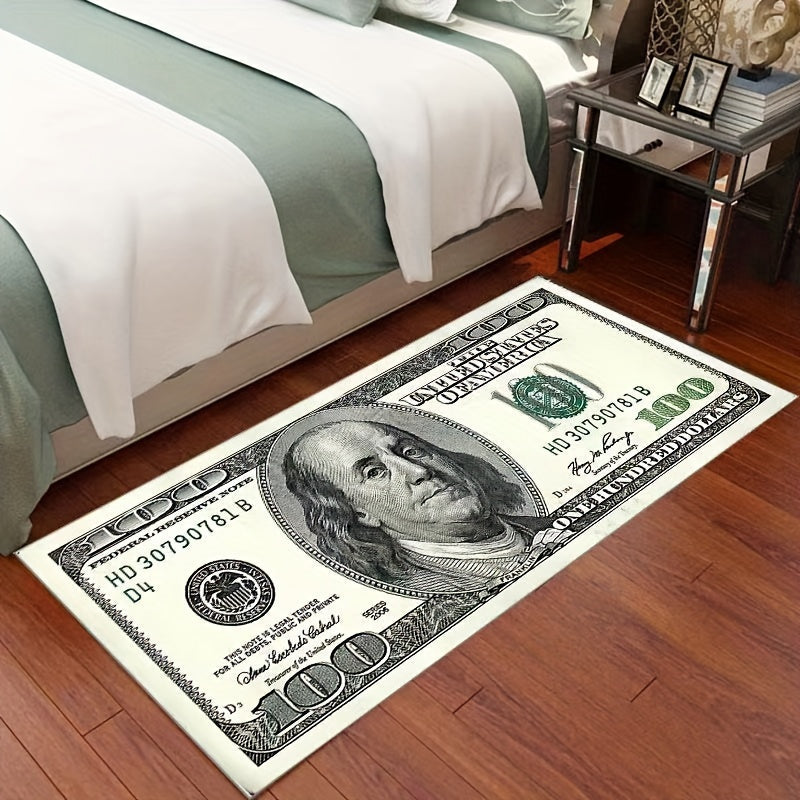 Add a touch of creativity with our 100 Dollar Bill Rug, featuring a non-slip backing. Perfect for adding a decorative touch to your bedroom, kitchen, hallway, or laundry room. This rug not only looks like a 100 dollar bill but also has water absorption