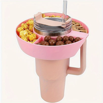 Plastic snack tray cup accessory with 3 dividers, easy to assemble, suitable for flat-mouth cups.