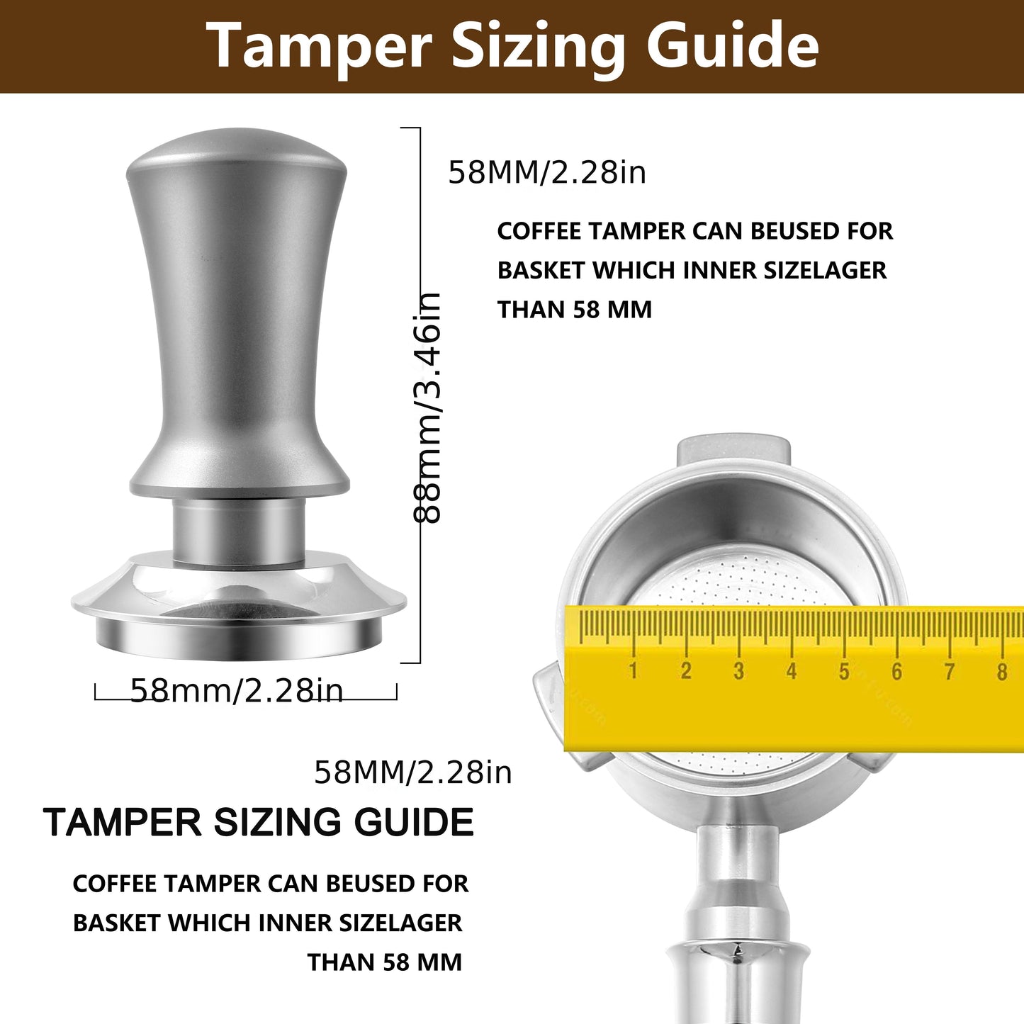 Espresso Tamper Set includes 51/53/58mm sizes, designed for professional baristas. Features spring loaded mechanism and stainless steel base compatible with Rancilio, Gaggia espresso machines.