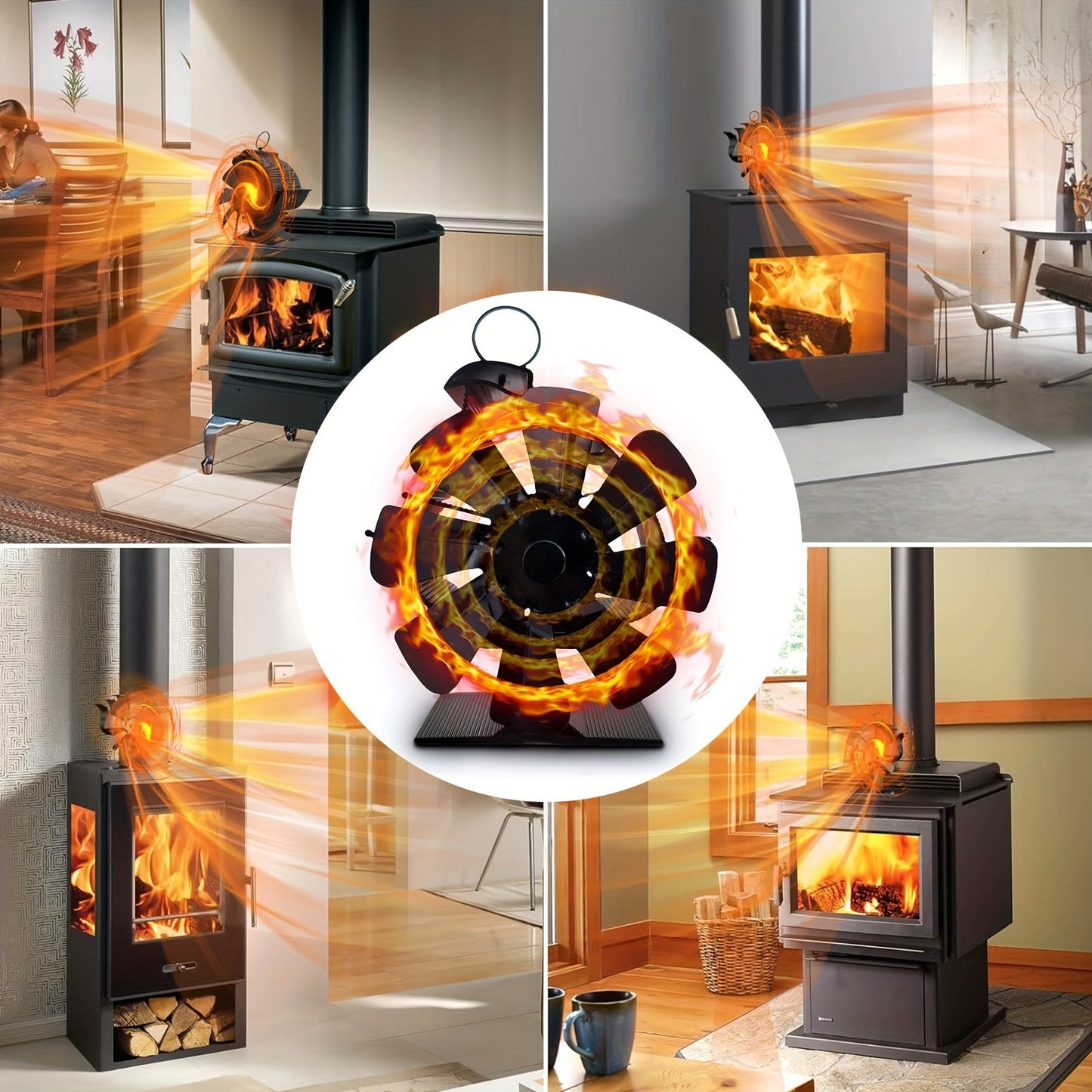 One piece aluminum fireplace fan featuring a sailboat design and eight blades, finished in oil rubbed for a sleek finish. This high-speed operation fan provides air circulation for wood, gas, and log stoves, with a 200CFM air volume and 2200RPM. No