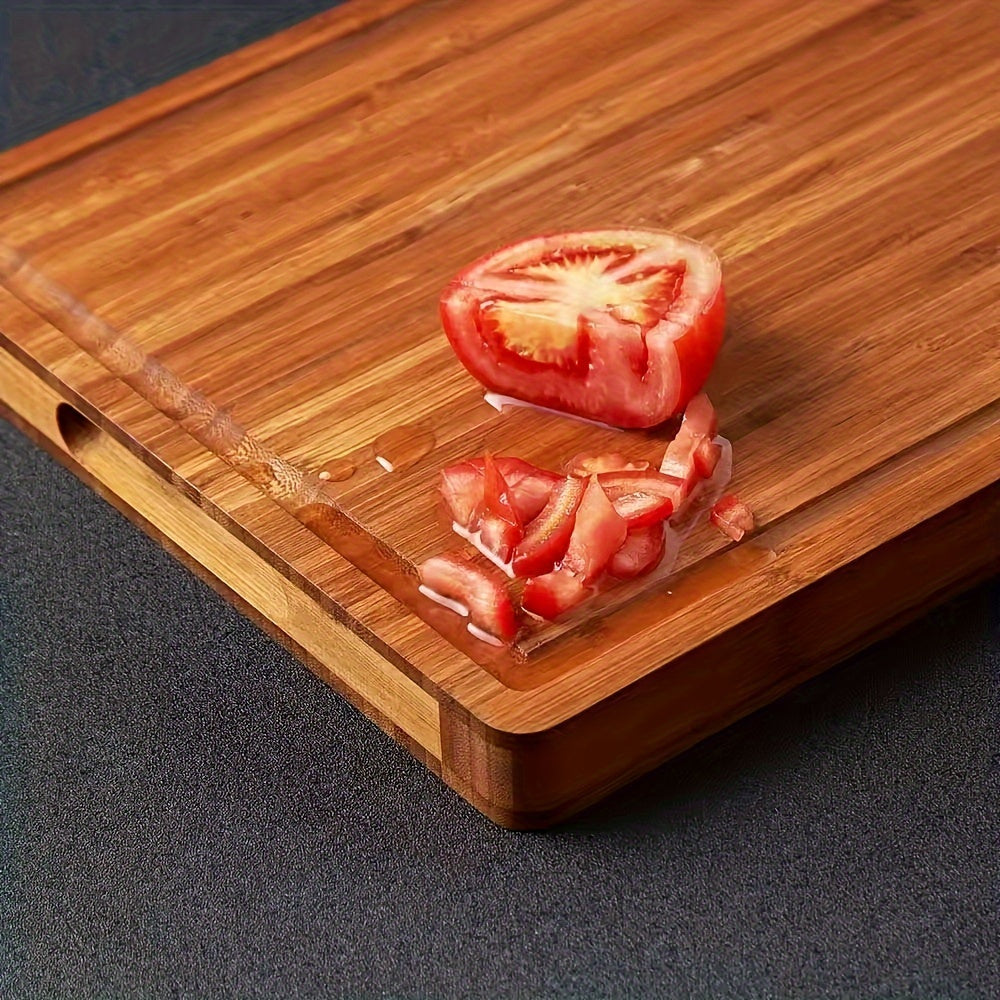 Large, thick bamboo cutting board with a juice groove, perfect for use as a butcher block. This food-safe charcuterie and cheese serving tray is ideal for your kitchen.