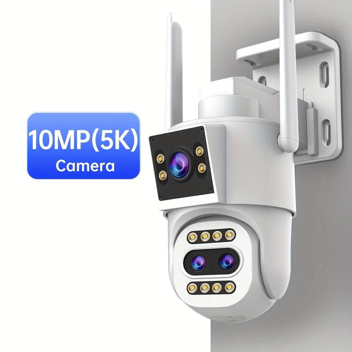 5K Zoom Security Camera with Full Color Night Vision and Intelligent Tracking, featuring an Intercom system. Control remotely through the app, with Dual 5MP Screens and Wi-Fi connectivity.