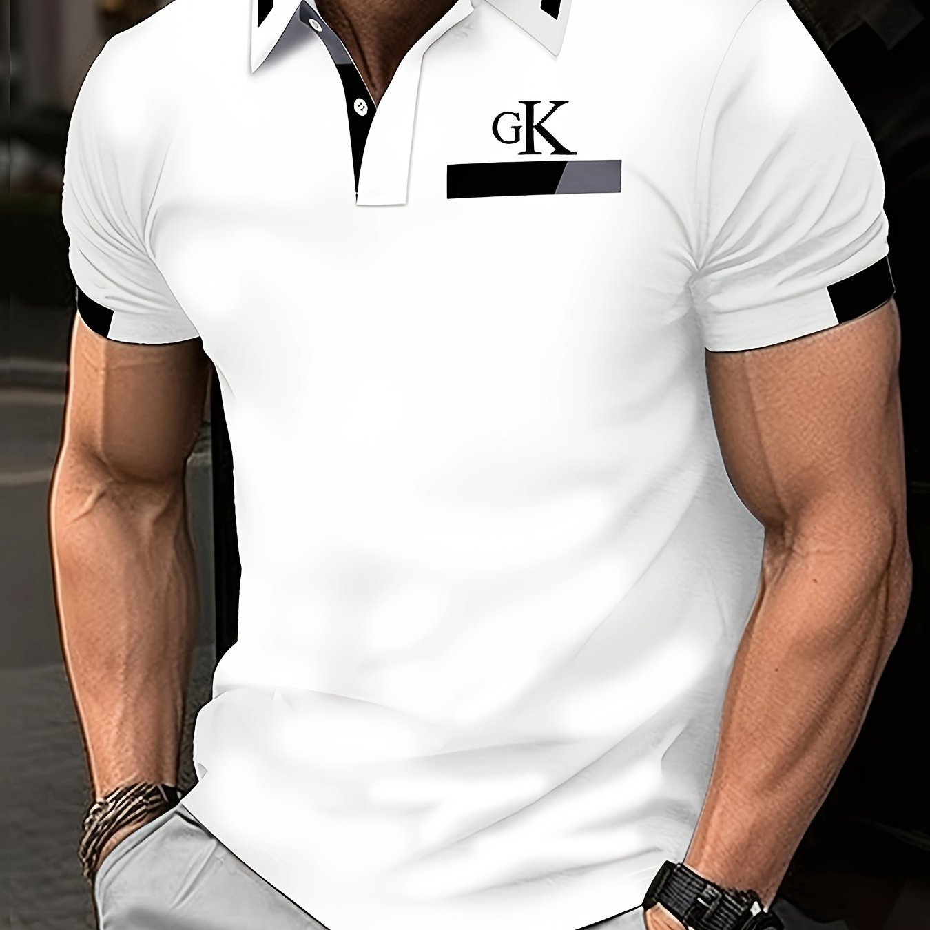 Men's summer fashion shirt with short sleeves, button detail, solid color, icon print, and breathable polyester fabric.