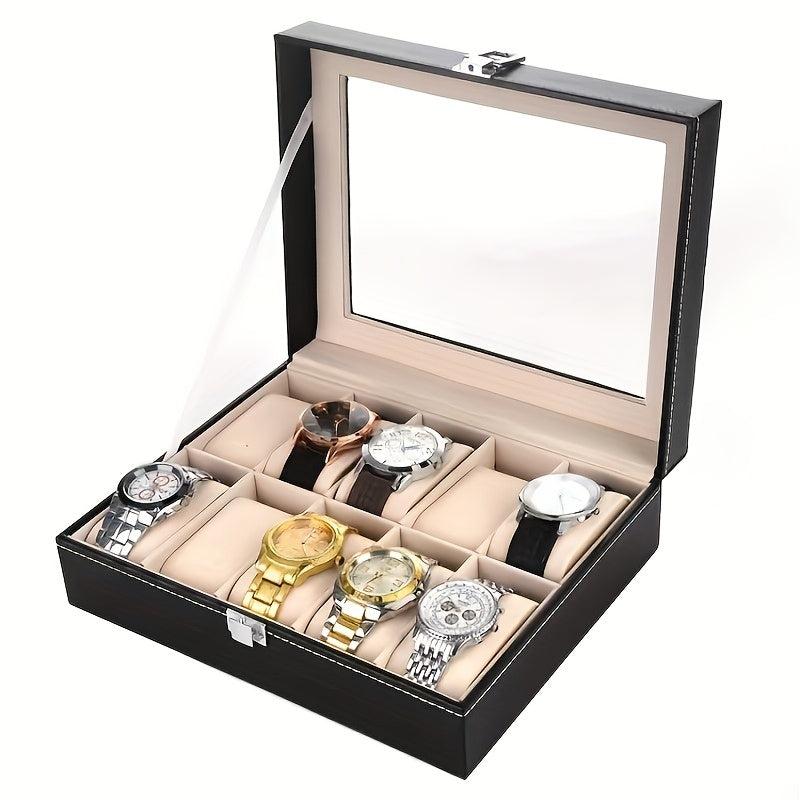 Elegant Black PU Leather Hand Jewelry Watch Storage Box with Dustproof Transparent 6/10 Slots, Equipped with Lock - Perfect Gift Choice