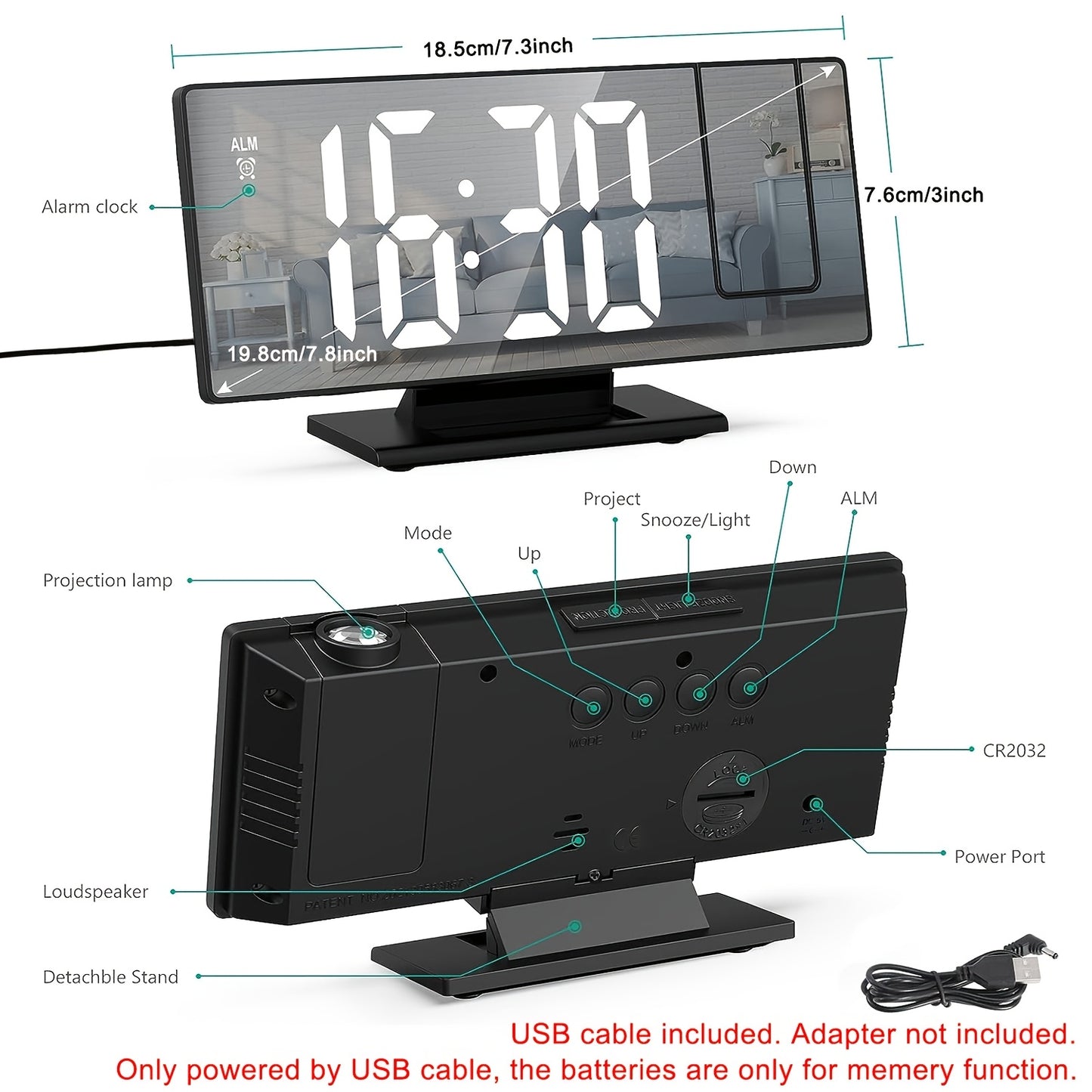 Adjustable LED projection alarm clock with snooze, temperature display, mirror design, USB powered. Suitable for bedroom, home office, or living room. Features black rectangular frame, high-definition display, night mode, memory function. Ideal for