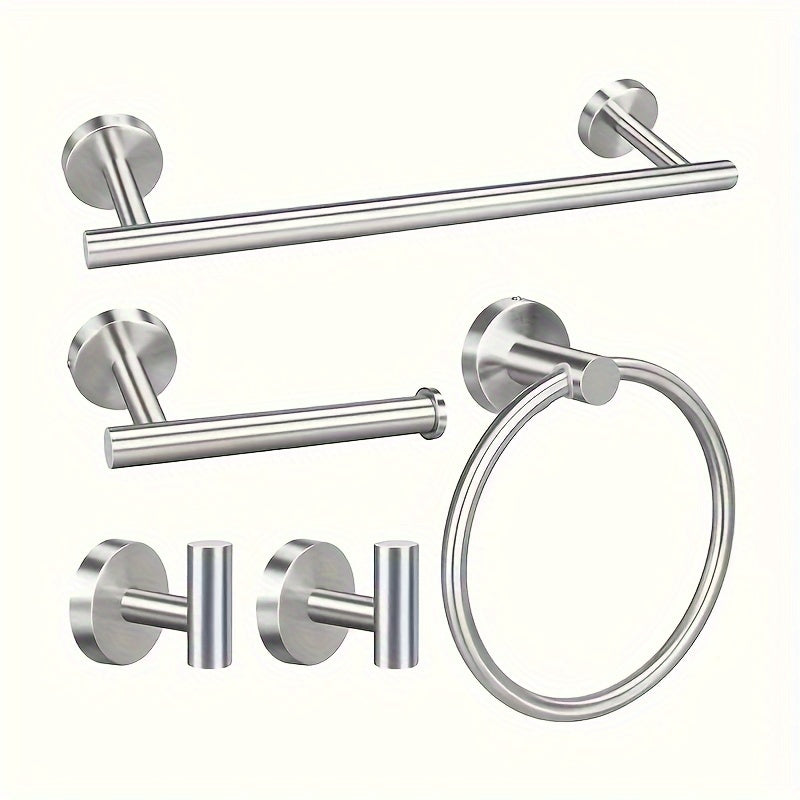 Five-piece set of bathroom accessories including a stainless steel towel rod, bath towel rod, toilet paper holder, towel ring, and Yukata hook, suitable for use in hotels or homes. Ideal for upgrading your bathroom.